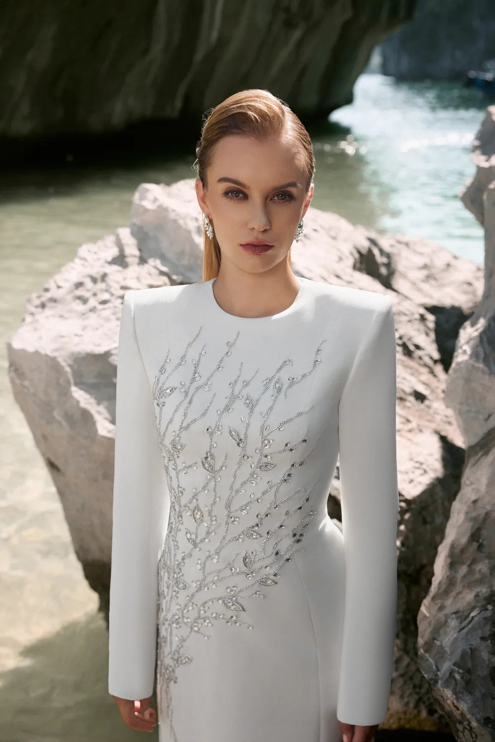 Padded Shoulder Crystal Embellished Straight Dress